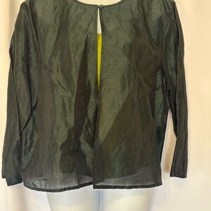 Eileen Fisher Sheer Long-Sleeve Open Cardigan in Olive Green & Linen Pants Set